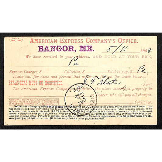 Bangor, ME American Express 1888 Money Receipt Notice Postcard Postal Card