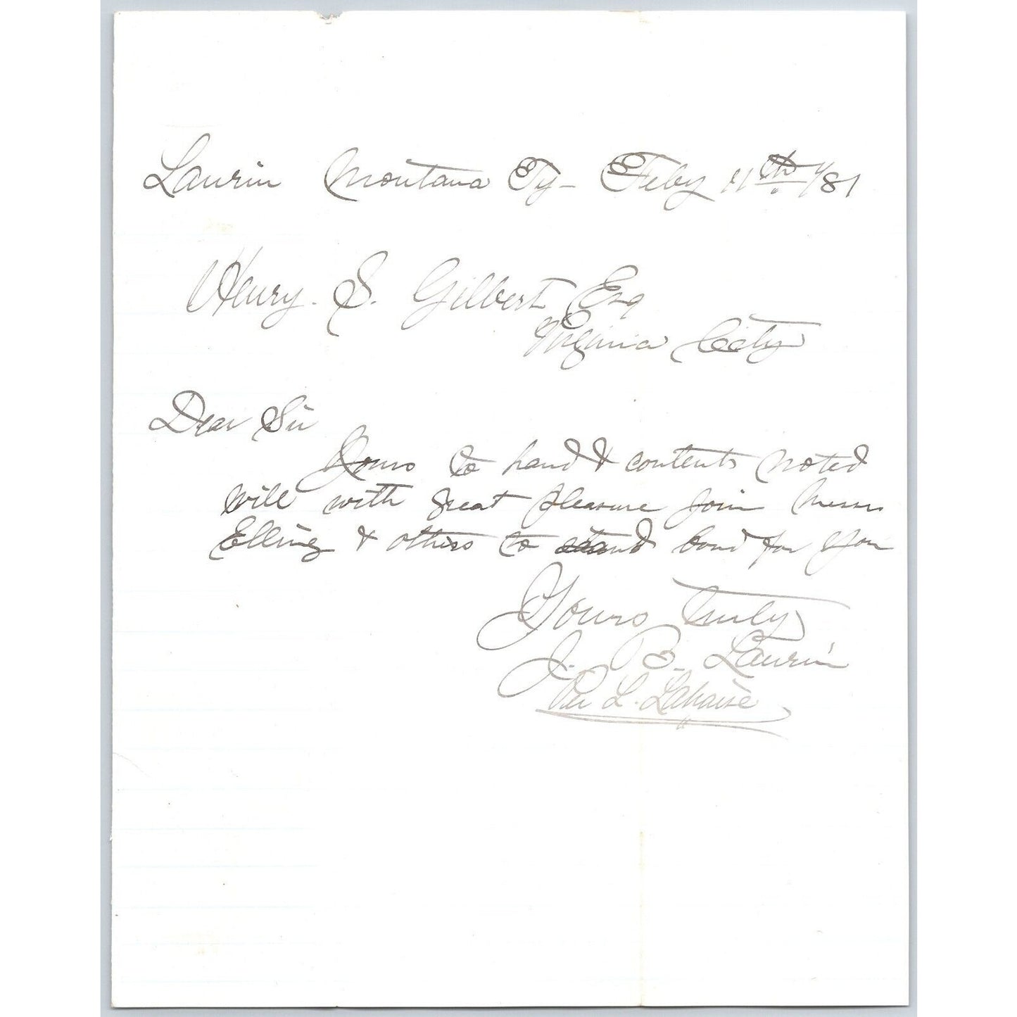 Feb 11 1881 ALS J.B. Laurin** Laurin, MT to Henry Elling* Virginia City, MT