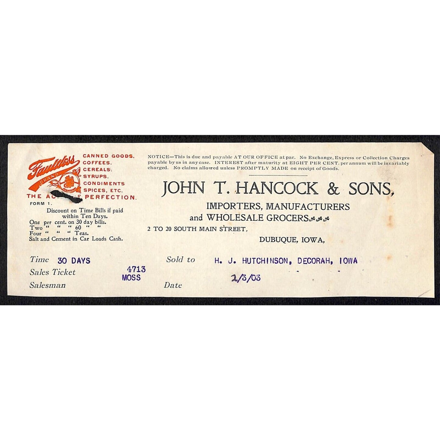 John T Hancock & Sons Dubuque Grocers Hutchinson Decorah* 1/3 1903 Cut Billhead