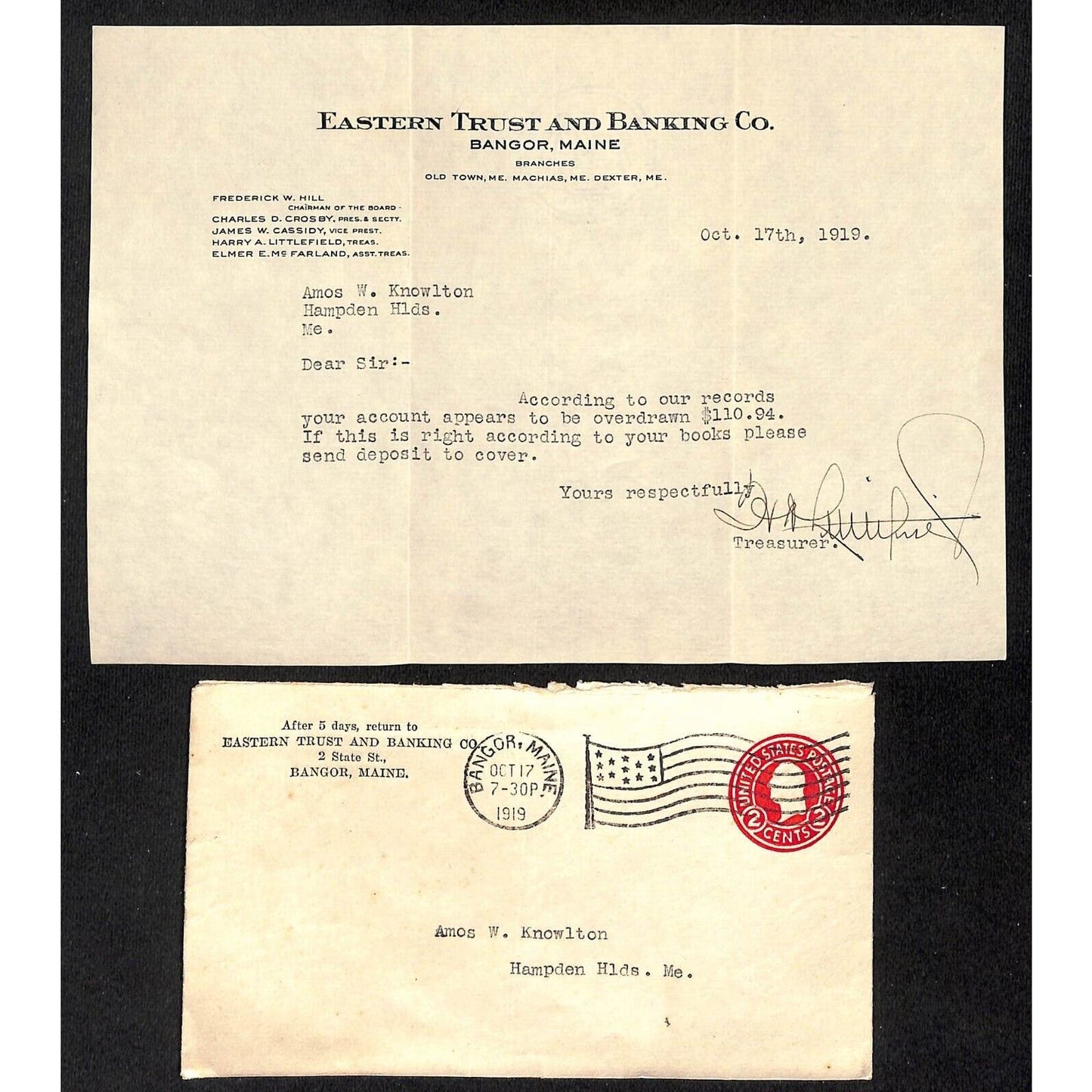 Bangor, ME Eastern Trust & Banking 1919 Letterhead & Cover Knowlton*