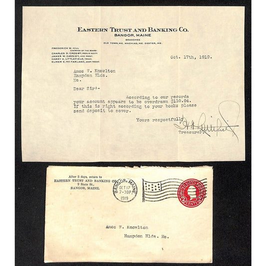 Bangor, ME Eastern Trust & Banking 1919 Letterhead & Cover Knowlton*