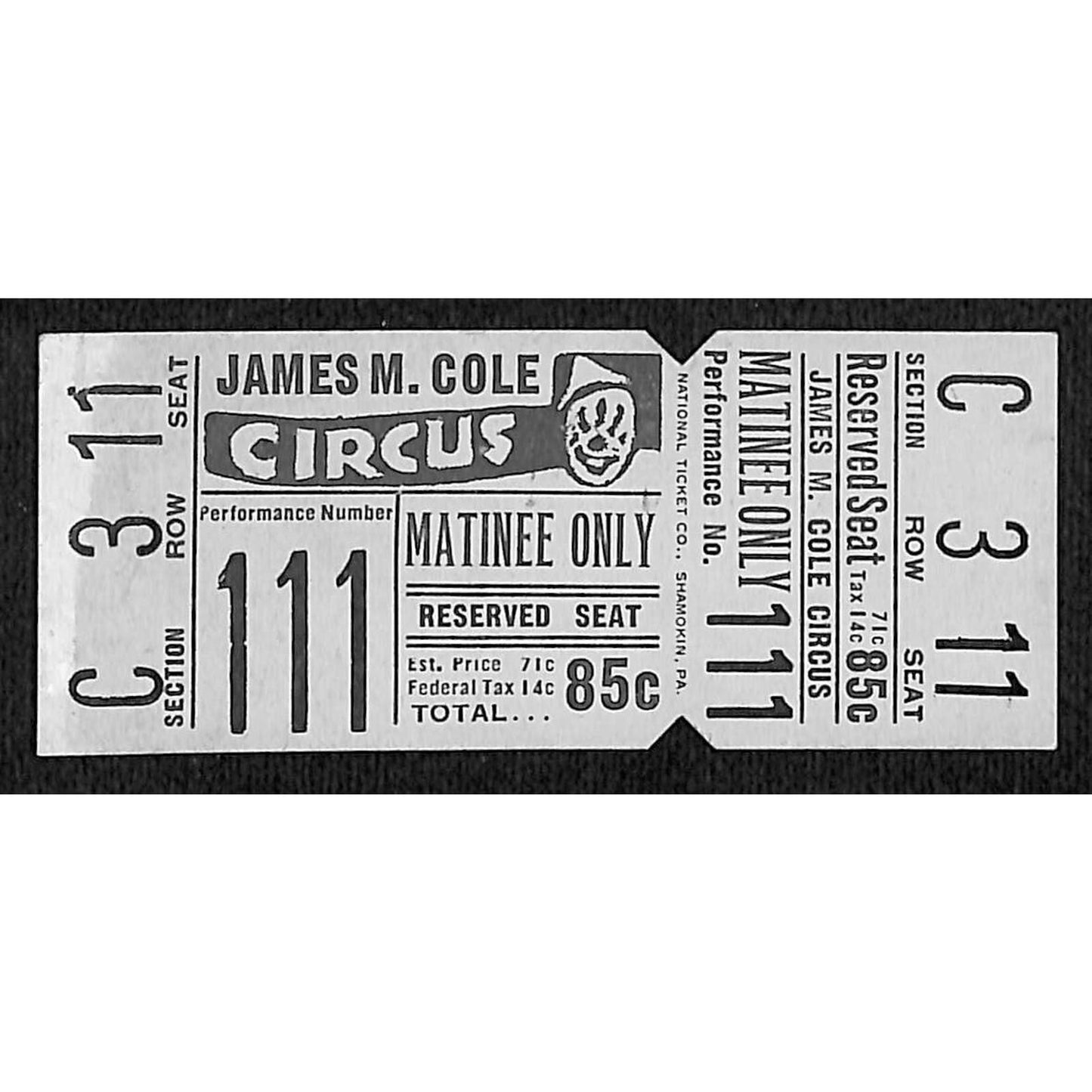 James M. Cole c1940's-50's Circus Ticket Unused Perf #111 Seat 11 VGC