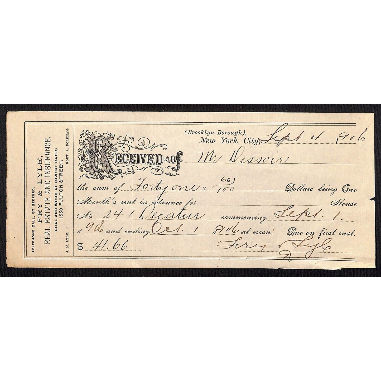 Fry & Lyle Real Estate Coal & Wood Fulton St. Brooklyn, NY Sept 4 1906 Receipt