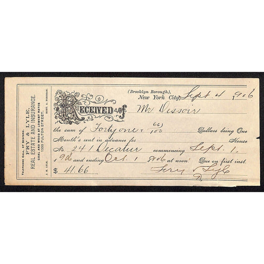 Fry & Lyle Real Estate Coal & Wood Fulton St. Brooklyn, NY Sept 4 1906 Receipt