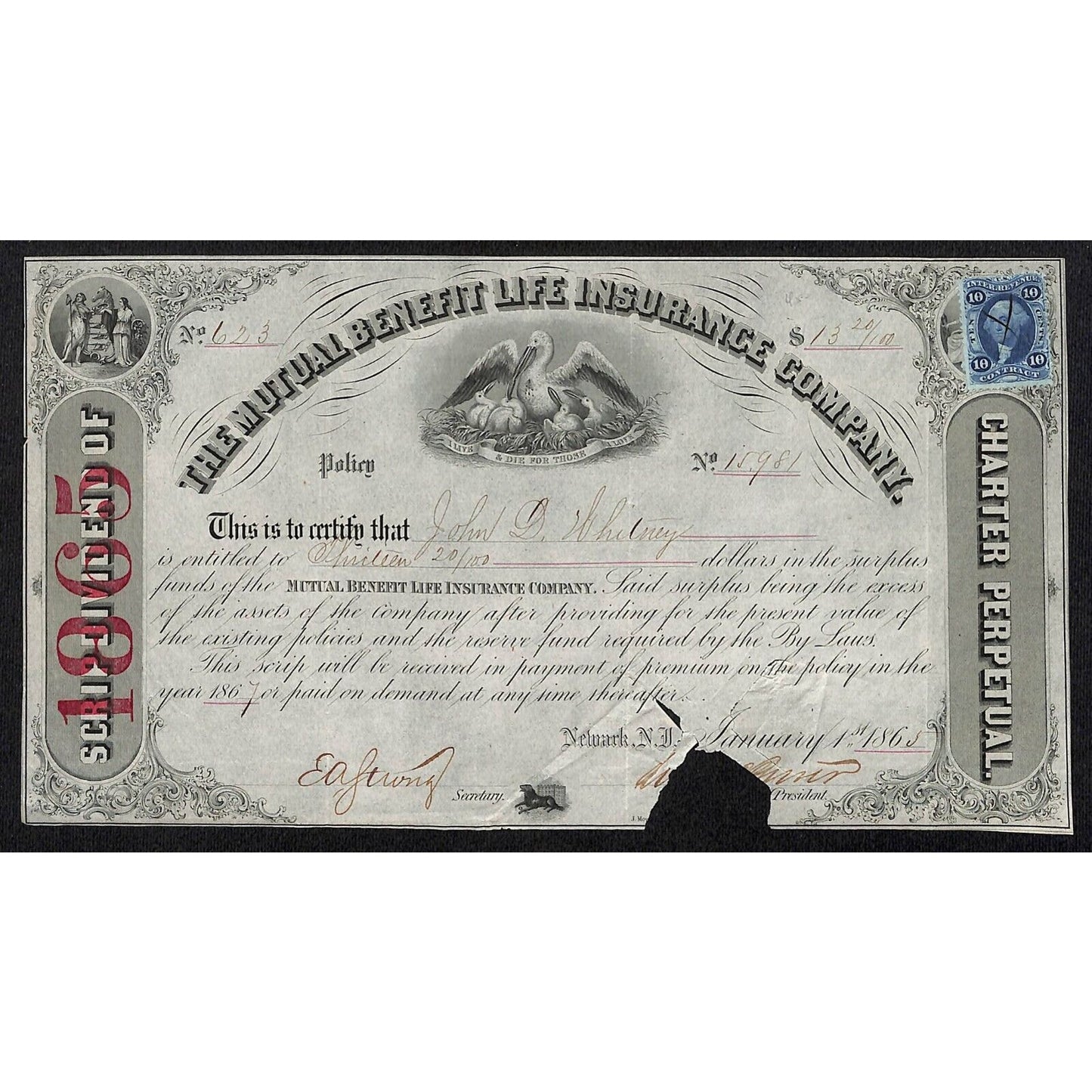 Mutual Benefit Life Insurance Co. Newark, NJ 1865 Stock Certificate - Tax Stamp