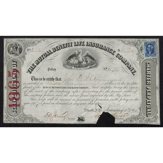 Mutual Benefit Life Insurance Co. Newark, NJ 1865 Stock Certificate - Tax Stamp