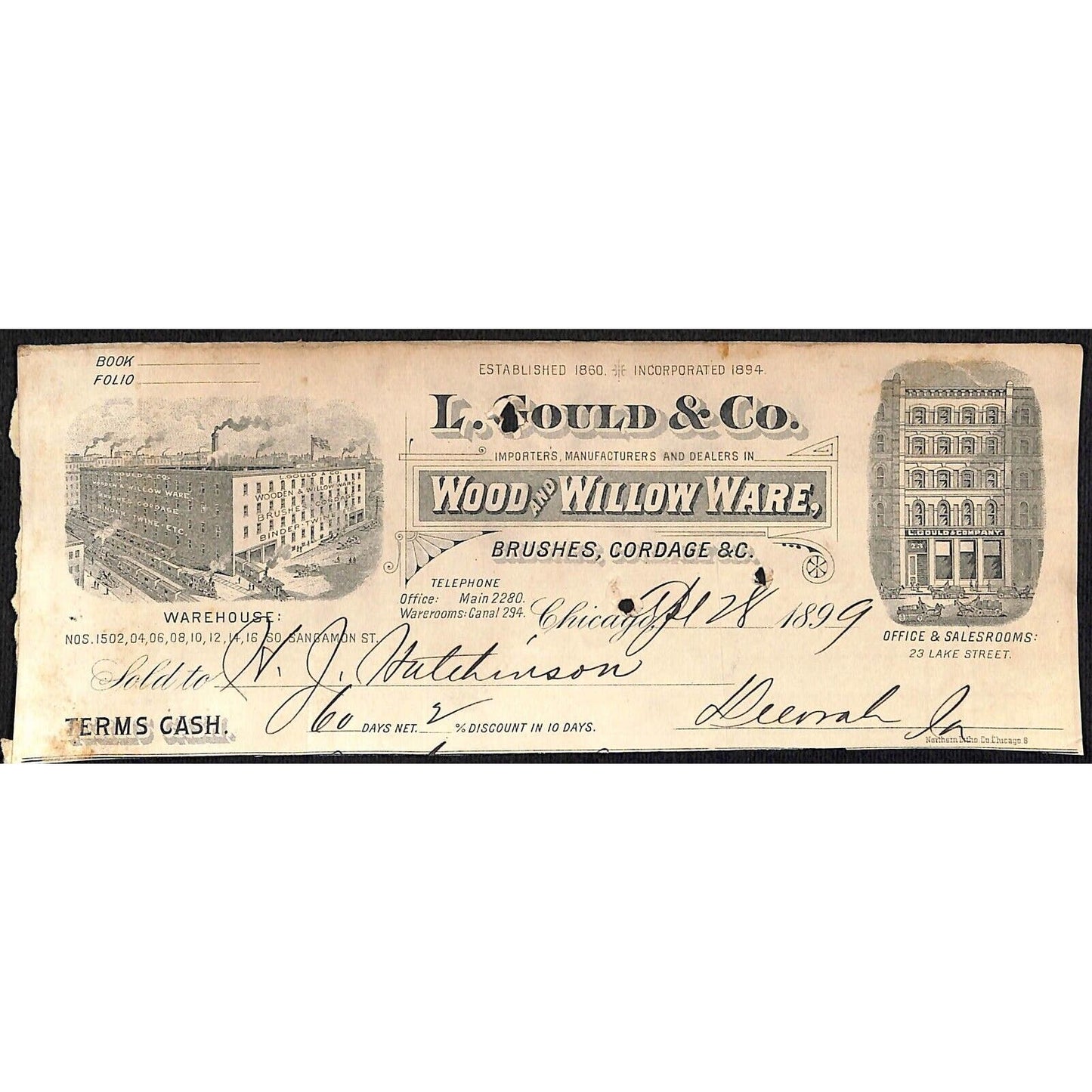 L. Gould & Co. Chicago Willow HJ Hutchinson Decorah, IA* Cut Dec 1899 Billhead