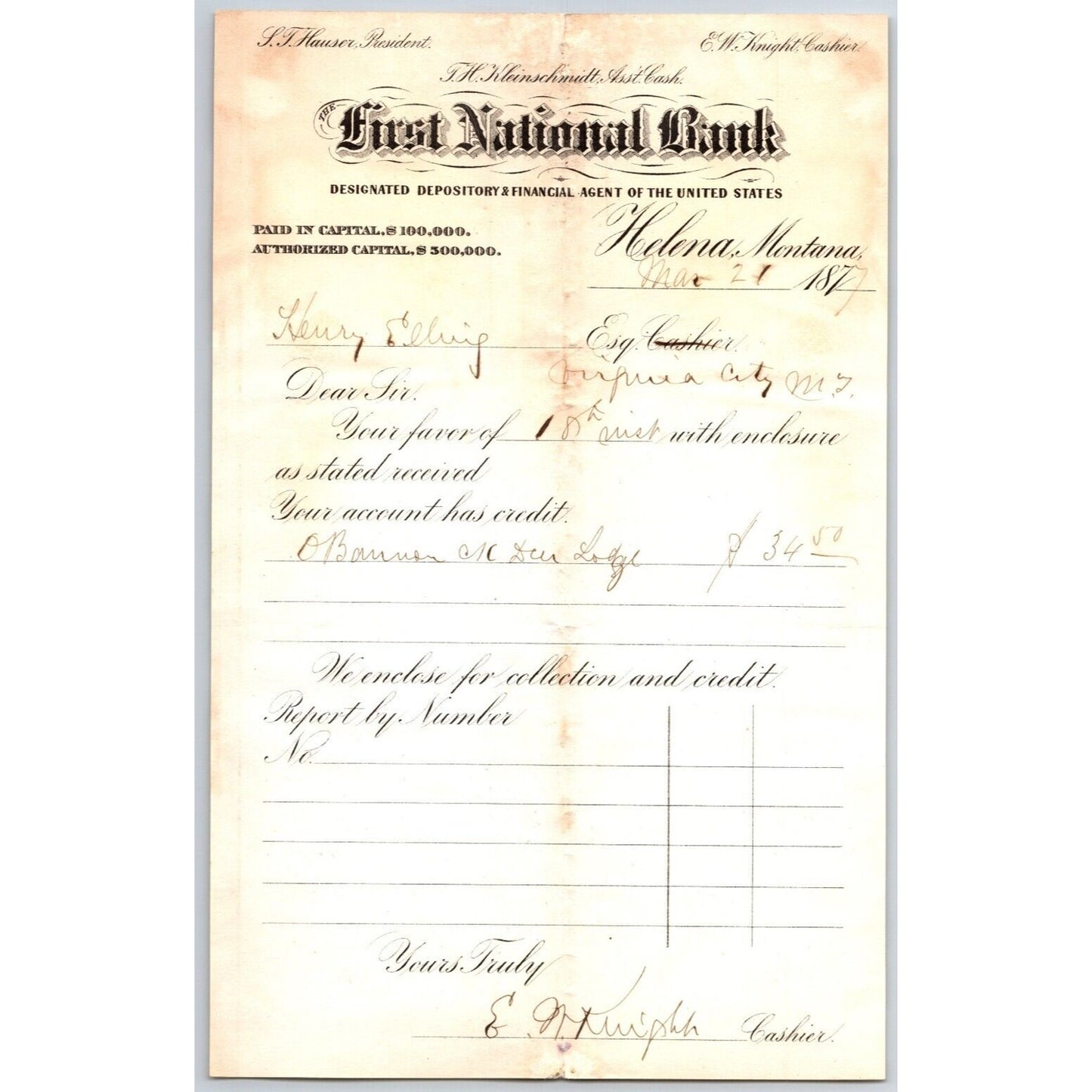 First National Bank Helena, MT 3/21 1877 Payment Advice Henry Elling*