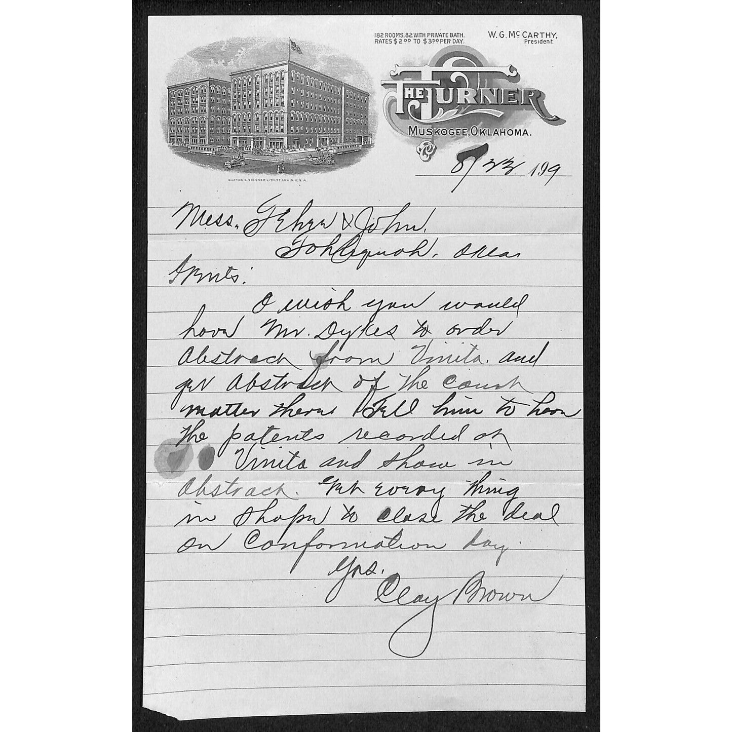1909 The Turner Hotel Muskogee, OK Stationary ALS w/ Vignette Scarce