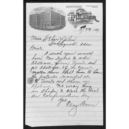 1909 The Turner Hotel Muskogee, OK Stationary ALS w/ Vignette Scarce
