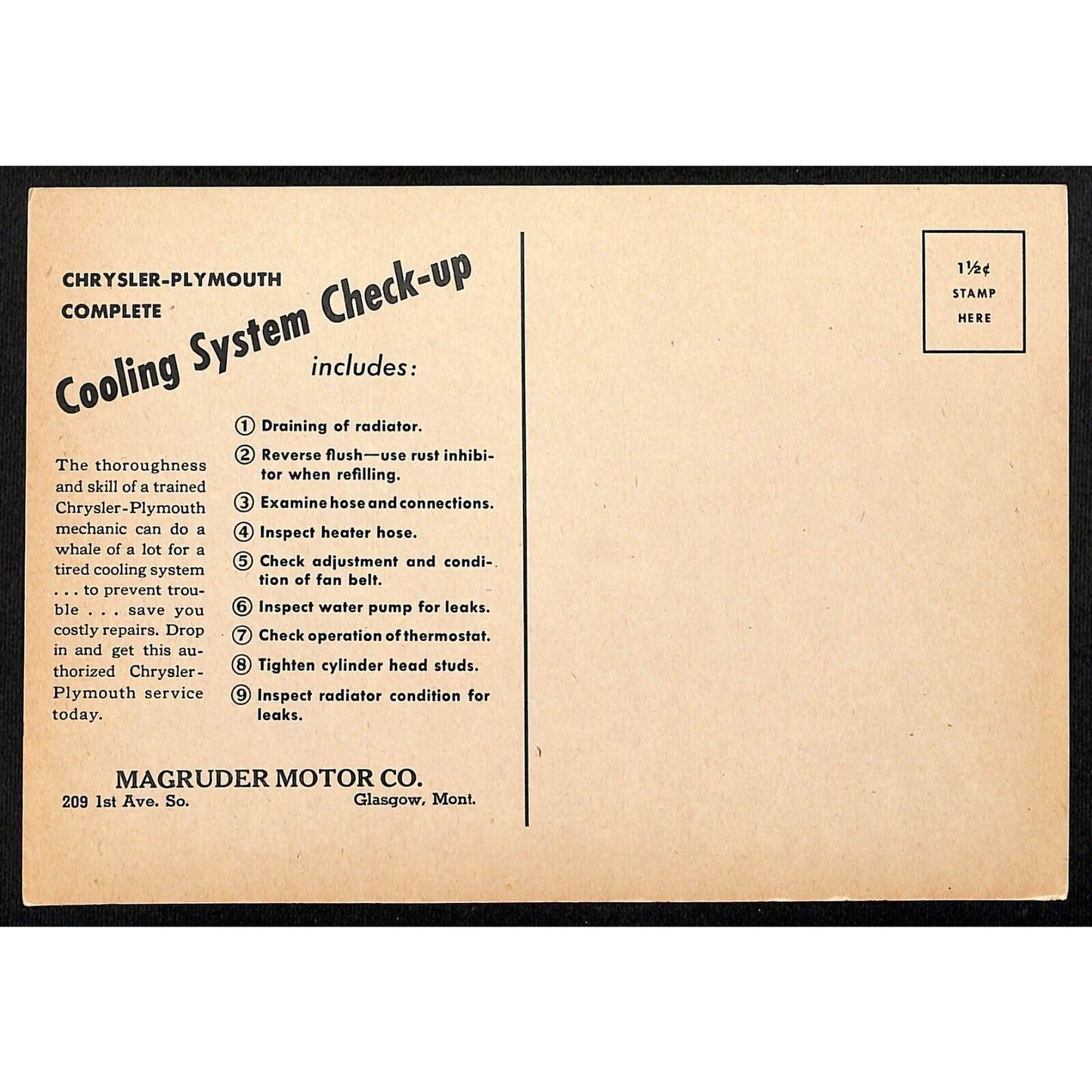 Magruder Motor Chrysler Plymouth Glasgow, MT Funny Cooling System Lg Postcard