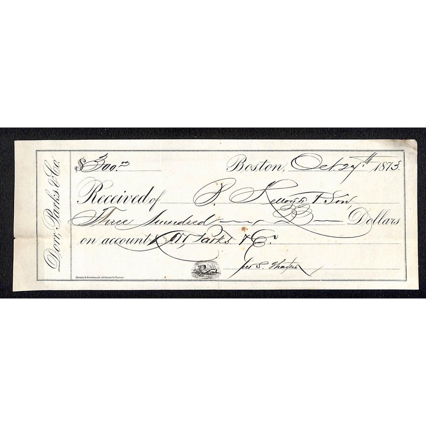 Dorr, Parks & Co. Boston (Dry Good) 1873 P. Kellogg & Son Receipt