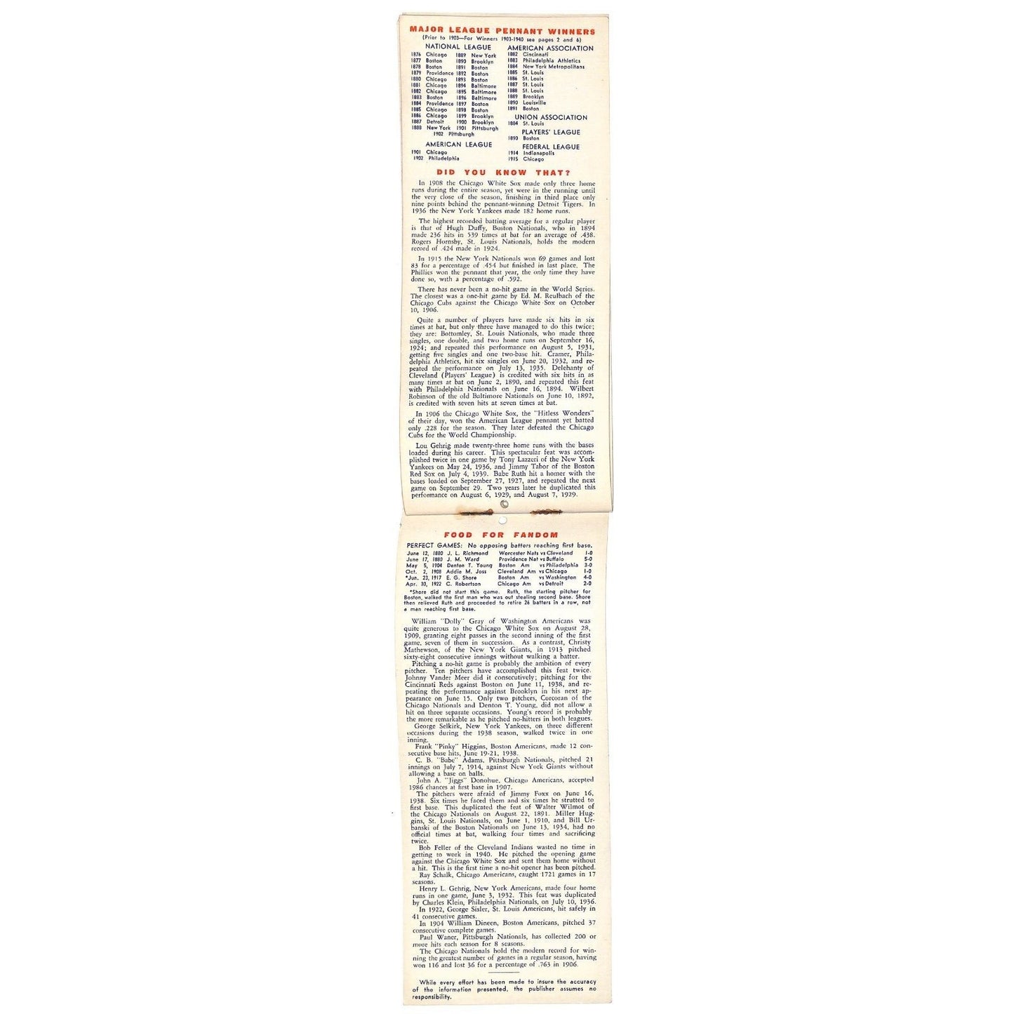 1941 Baseball Calendar Roaring Spring PA 3" x 8" Scarce Complete 20pp VGC