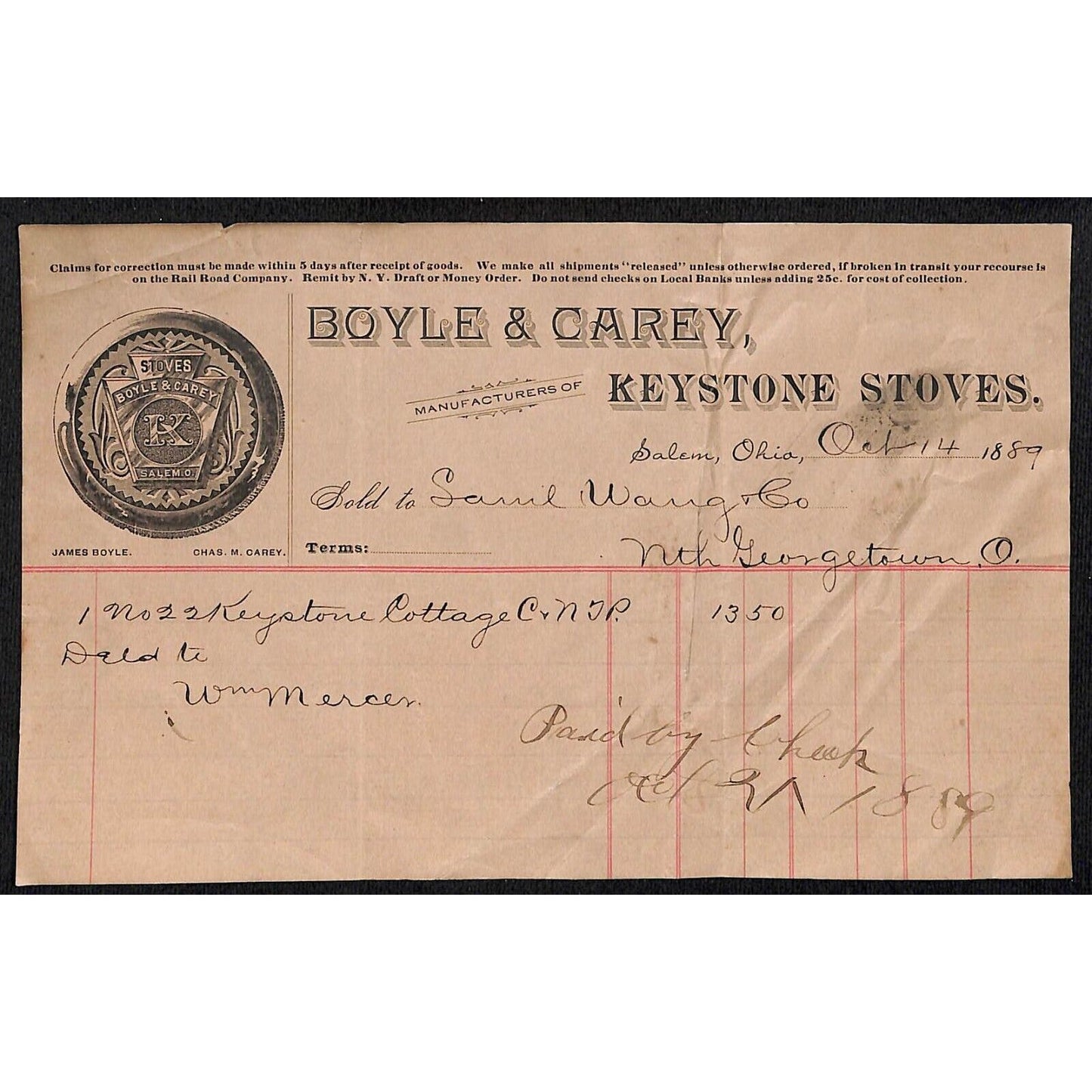 Boyle & Carey Keystone Stoves Salem 1889 Billhead Samuel Wang* N. Georgetown OH