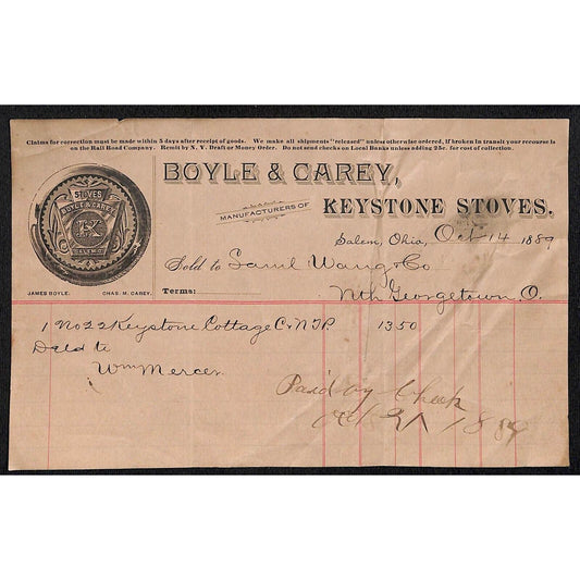 Boyle & Carey Keystone Stoves Salem 1889 Billhead Samuel Wang* N. Georgetown OH
