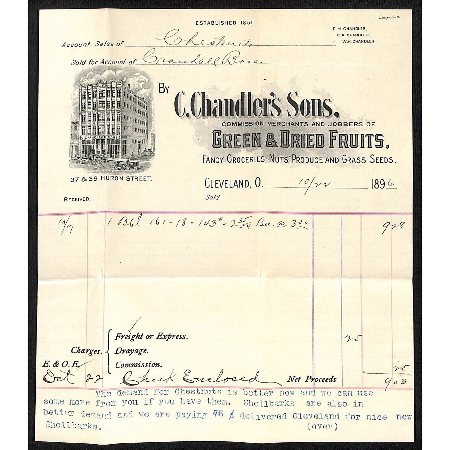 C. Chandler's Sons "Green & Dried Fruits" Cleveland 1896 Billhead Scarce