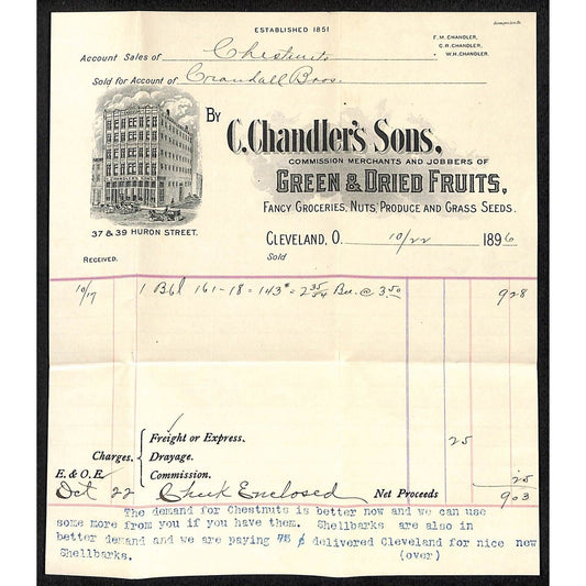 C. Chandler's Sons "Green & Dried Fruits" Cleveland 1896 Billhead Scarce