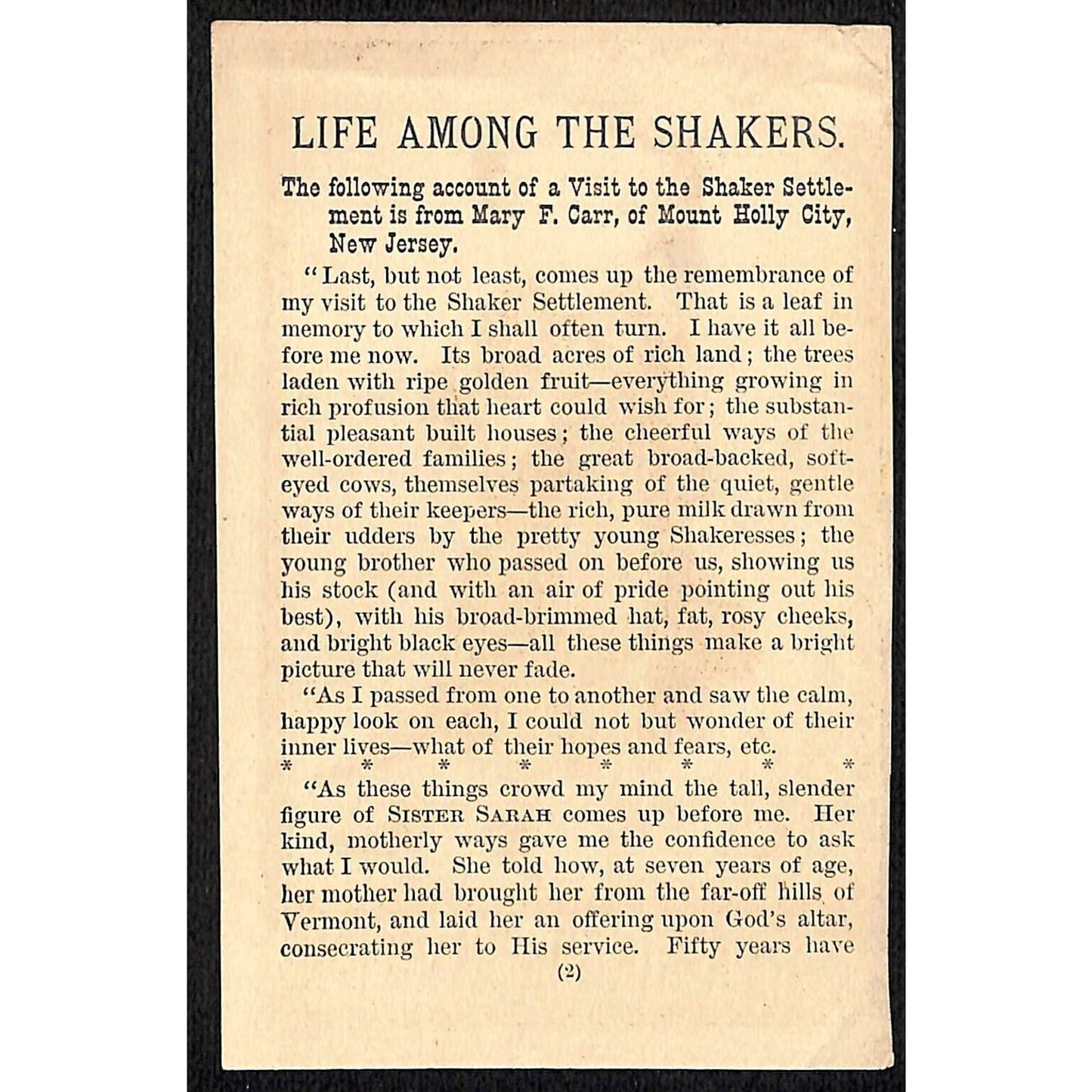 "Life Among the Shakers" Mary F. Carr Partial ? Victorian Advertising Circular