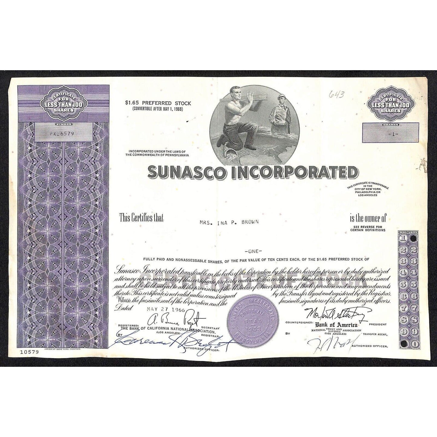 Sunasco Inc. 1966 Stock Certificate w/ Construction Vignette 1 Share