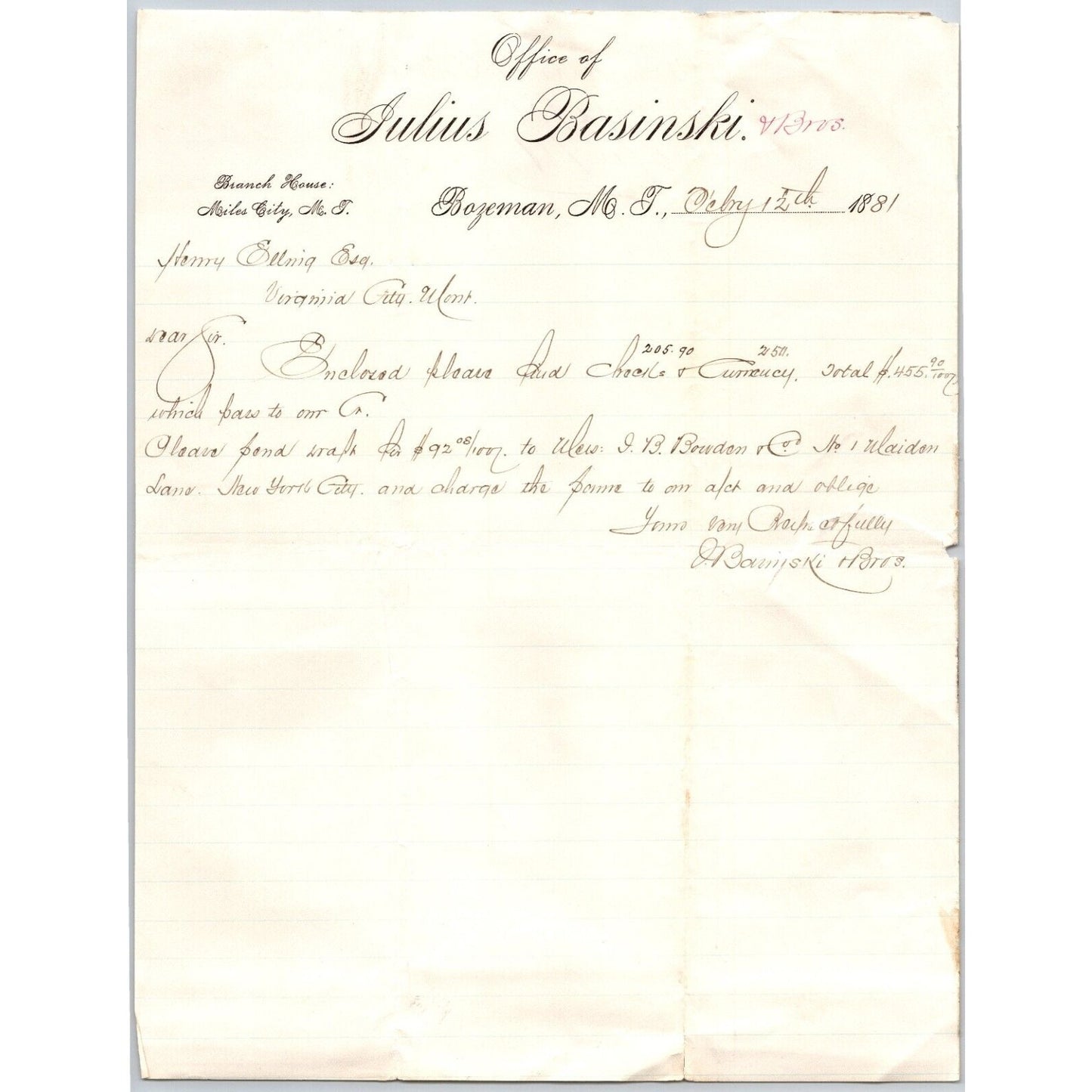Julius Basinski (Stationers) Bozeman, MT 1881 - ALS Letterhead Henry Elling*