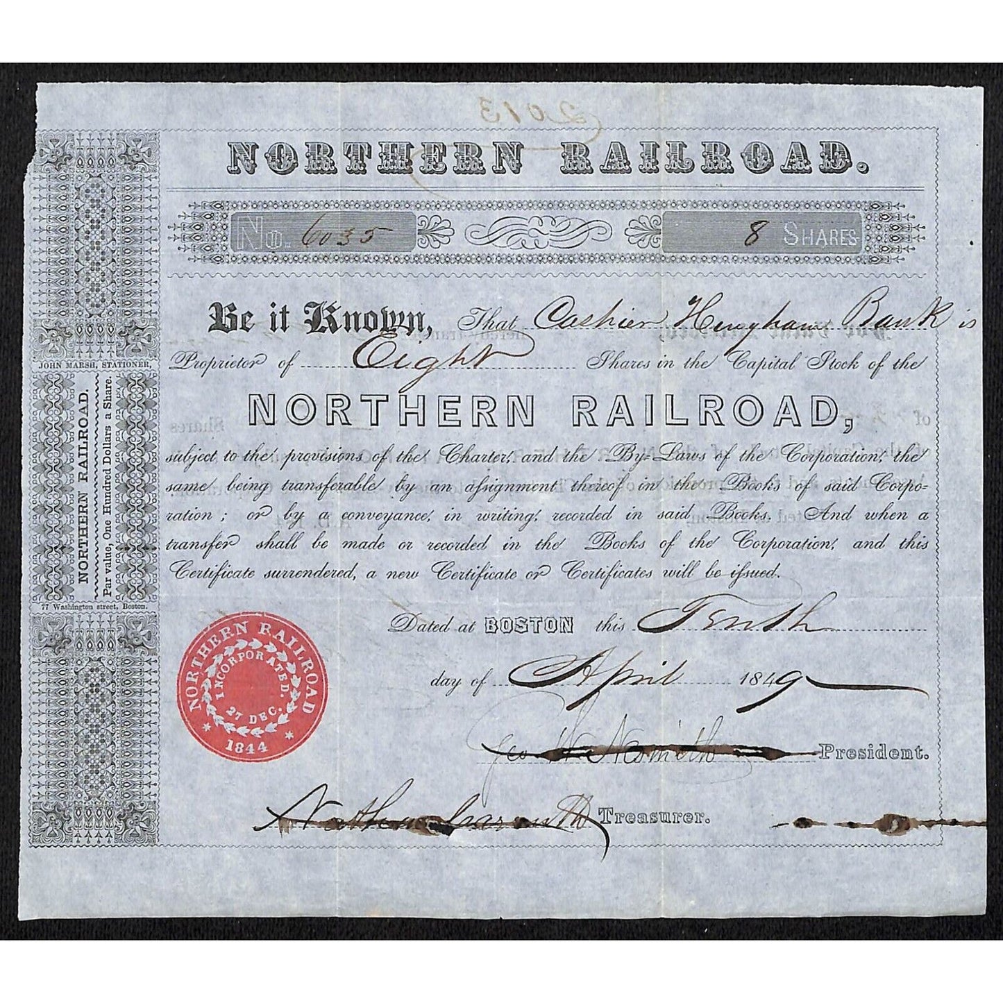 Northern Railroad 1849 Stock Certificate #3035 for 8 Shares