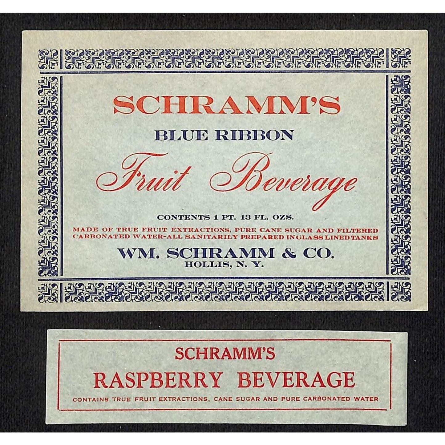 Schramm's Fruit Beverage Label Set Wm. Schramm & Co. Hollis, NY c1920's-30's