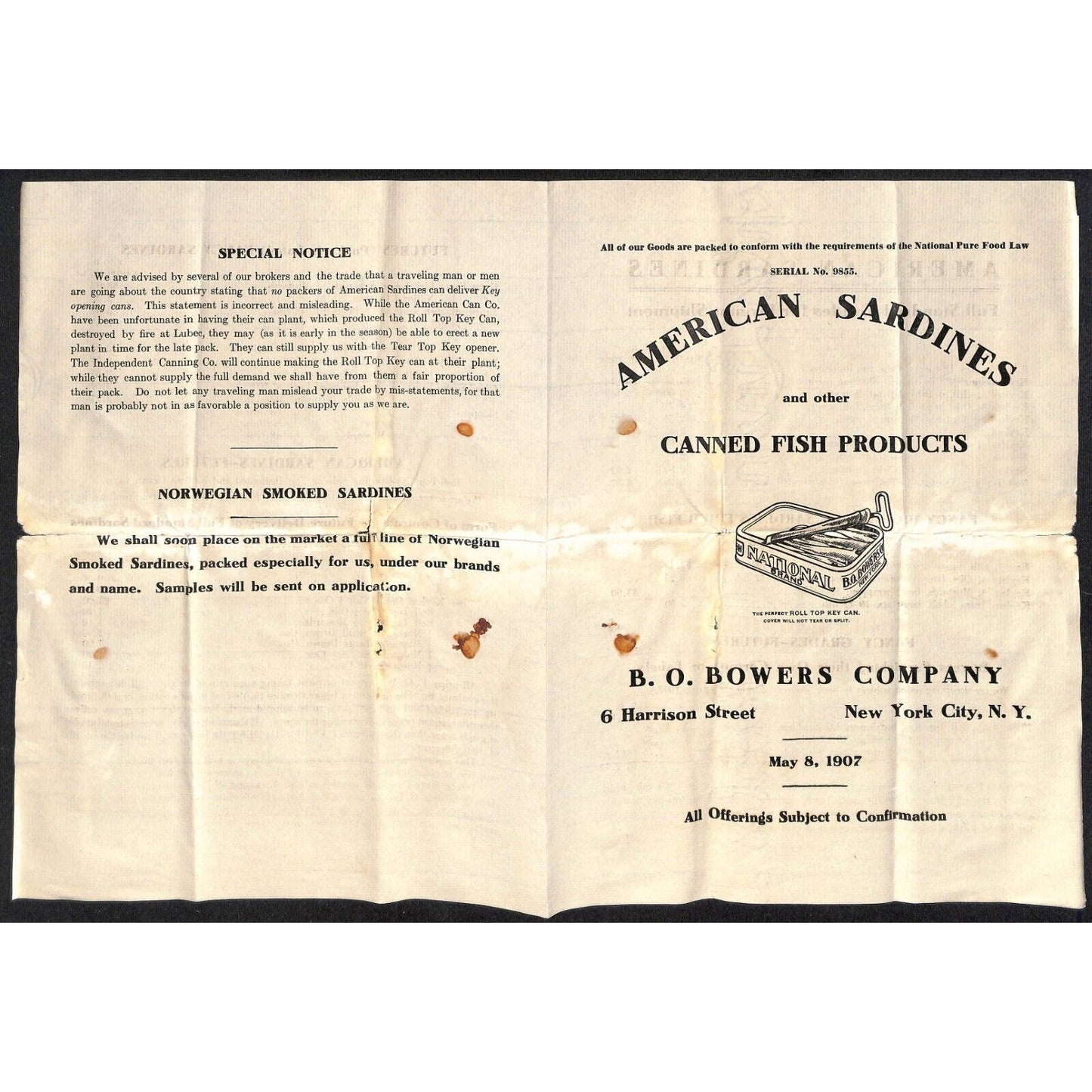 B.O. Bowers Co NYC 1907 American Sardines / Other Canned Fish Price Sheet Scarce