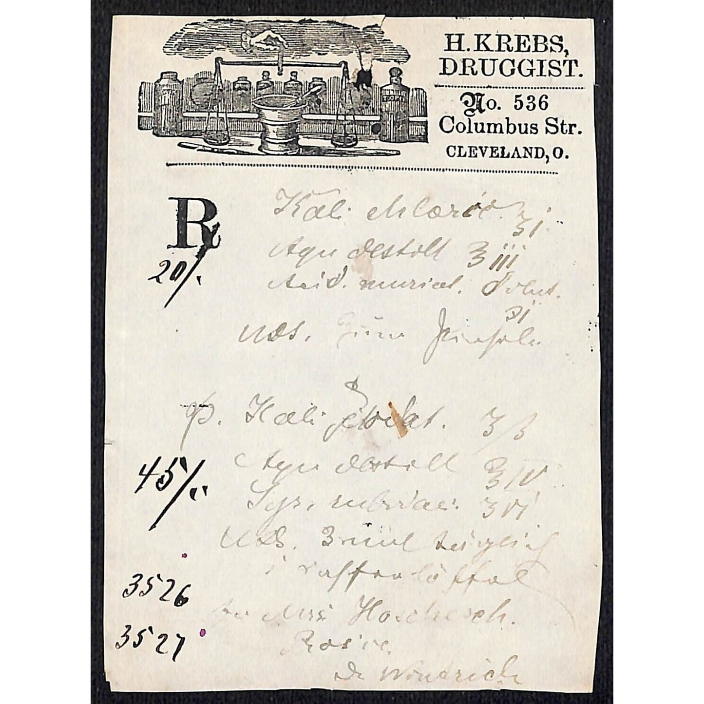 H. Krebs, Druggist Columbus St. Cleveland c1870's* Prescription #3526