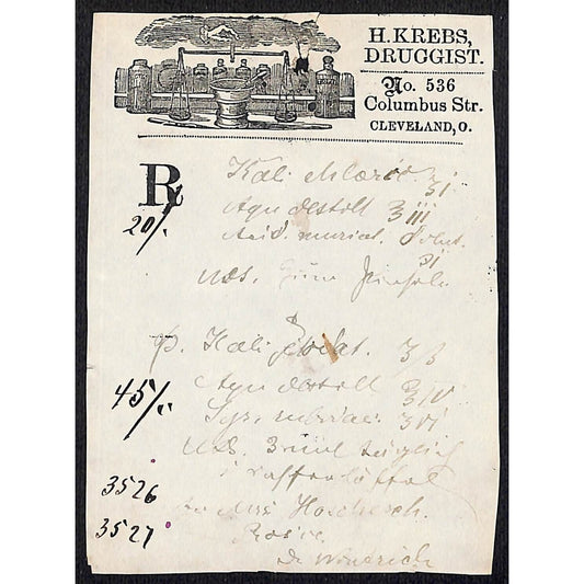 H. Krebs, Druggist Columbus St. Cleveland c1870's* Prescription #3526