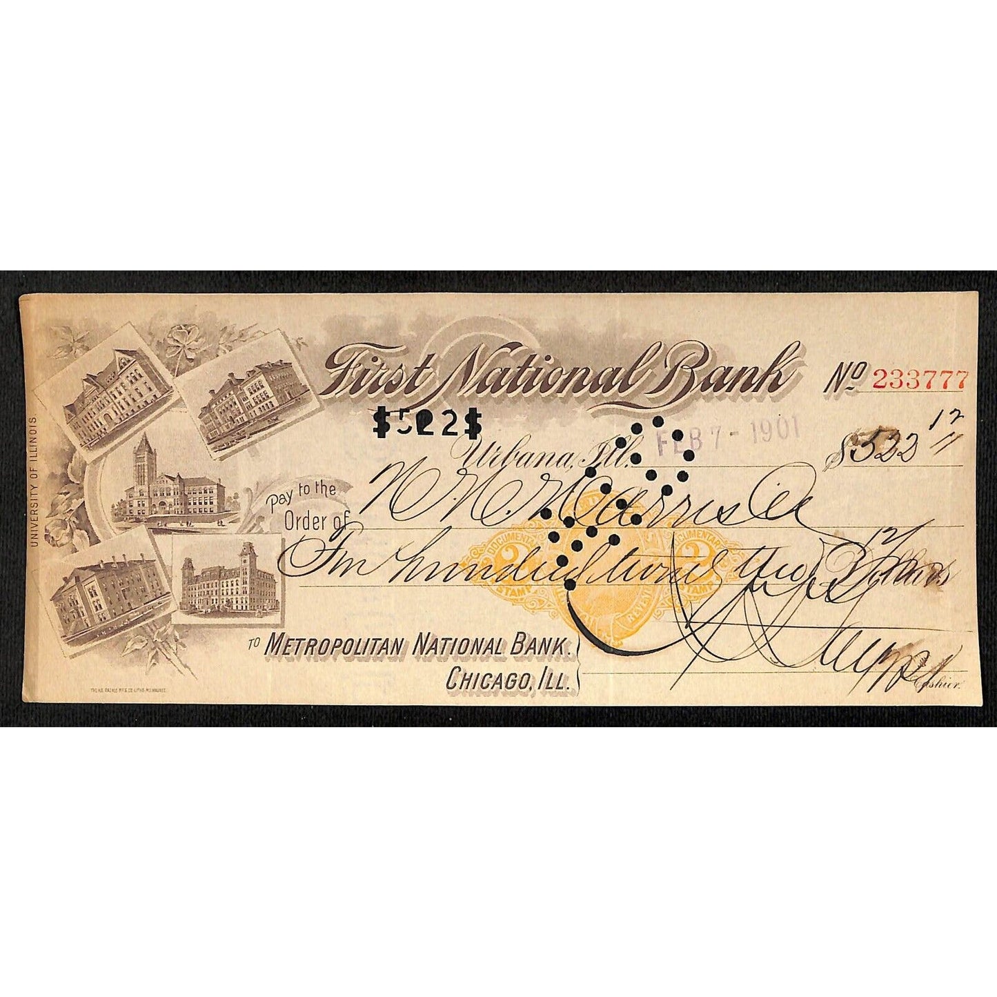 FNB Urbana, IL $522 1901 Bank Check Revenue Stamp w/ University Bldg. Vignettes