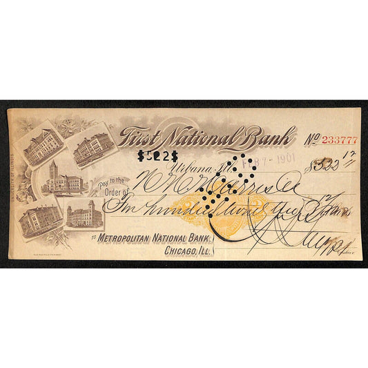 FNB Urbana, IL $522 1901 Bank Check Revenue Stamp w/ University Bldg. Vignettes