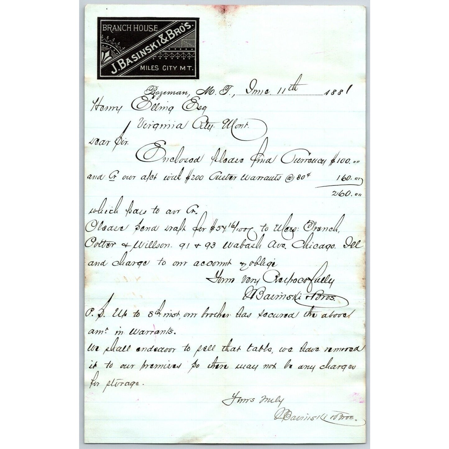 J. Basinski & Bros. Bozeman, MT (Dry Goods) 6/11 1881 Letterhead Henry Elling*