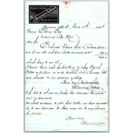 J. Basinski & Bros. Bozeman, MT (Dry Goods) 6/11 1881 Letterhead Henry Elling*