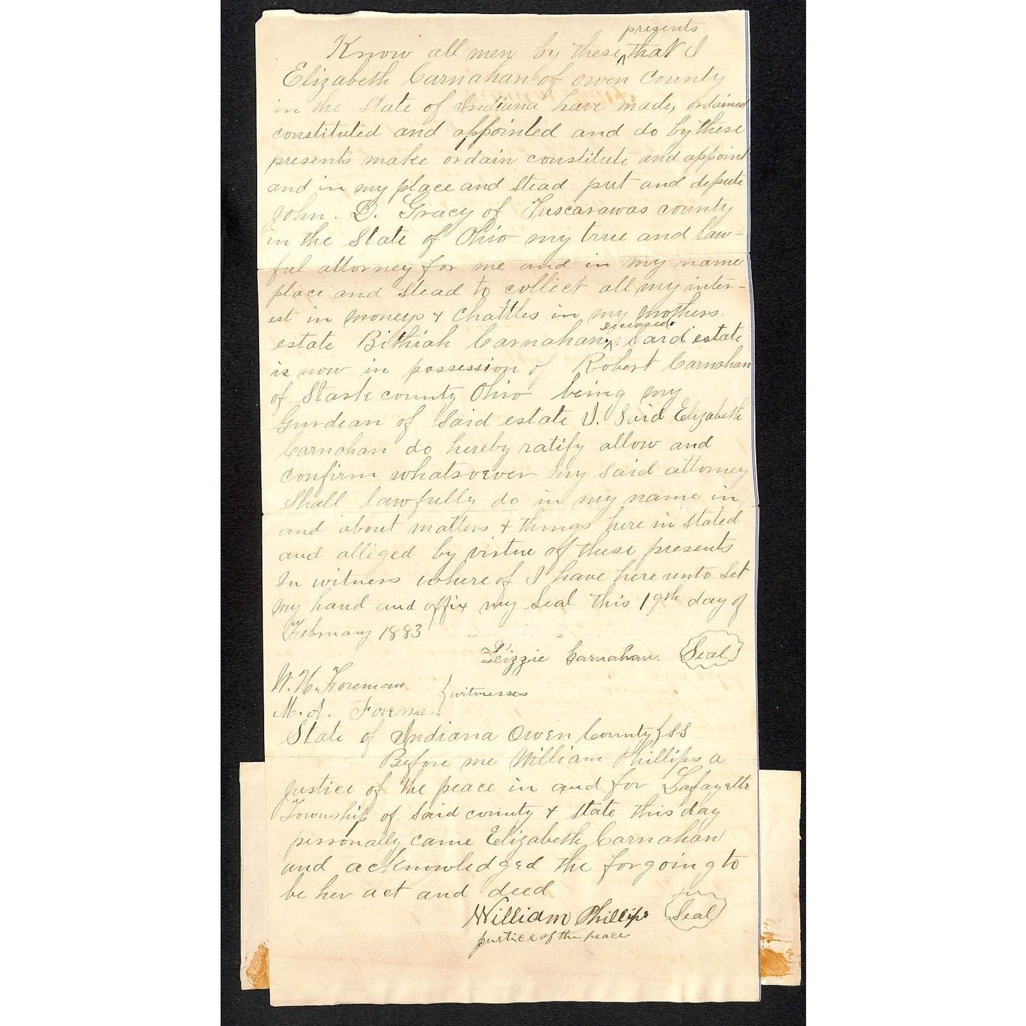 Elizabeth Carnahan Owen County, IN 1883 Legal Document / Power of Attorney?