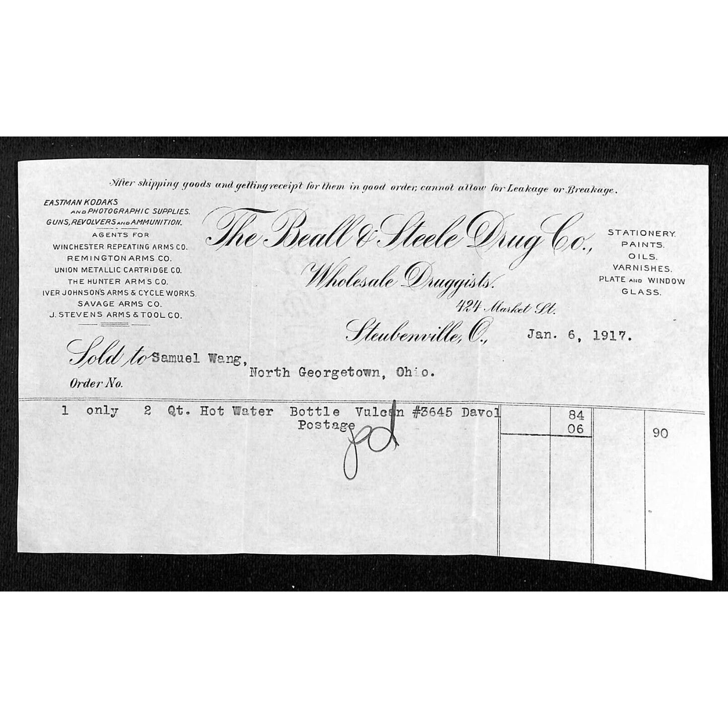 The Beall & Steele Drug Co. 1917 Billhead Samuel Wang* N. Georgetown, OH