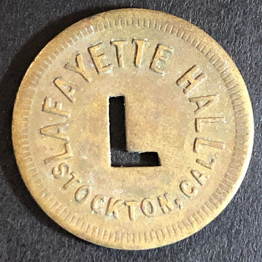 Lafayette Hall Stockton, CA Brass Trade Token w/ "L" Cutout 24mm VGC Scarce