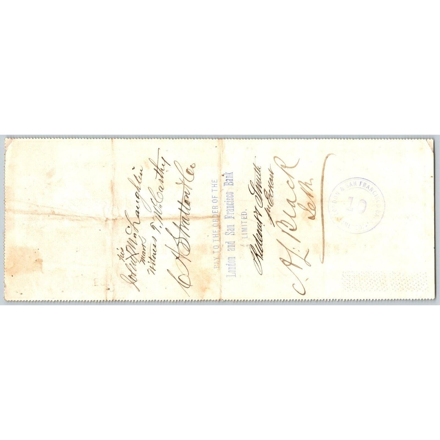 Bank of La Porte Check John Mac Laughlin 1879 Mining Vignette RN-G1 Rev Stamp