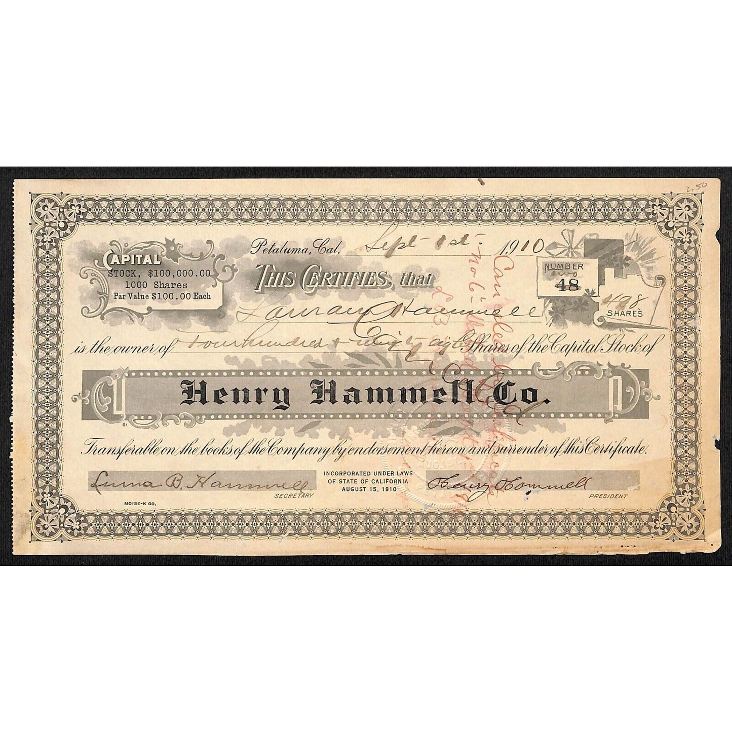 Henry Hammell Co. Petaluma, CA 1910 Stock Certificate #48 to Lavirna? Hammel