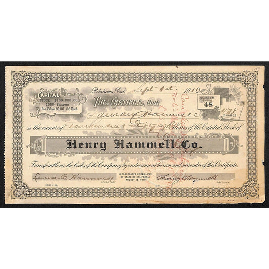Henry Hammell Co. Petaluma, CA 1910 Stock Certificate #48 to Lavirna? Hammel