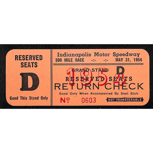 1954 Indy 500 Ticket / IMS 500 Mile Sweepstakes Return Check VGC