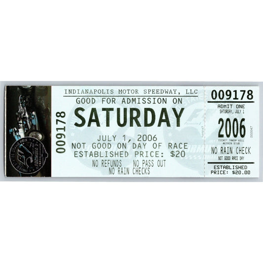 2006 Indianapolis Formula One Grand Prix Racing Unused Saturday Ticket - VGC