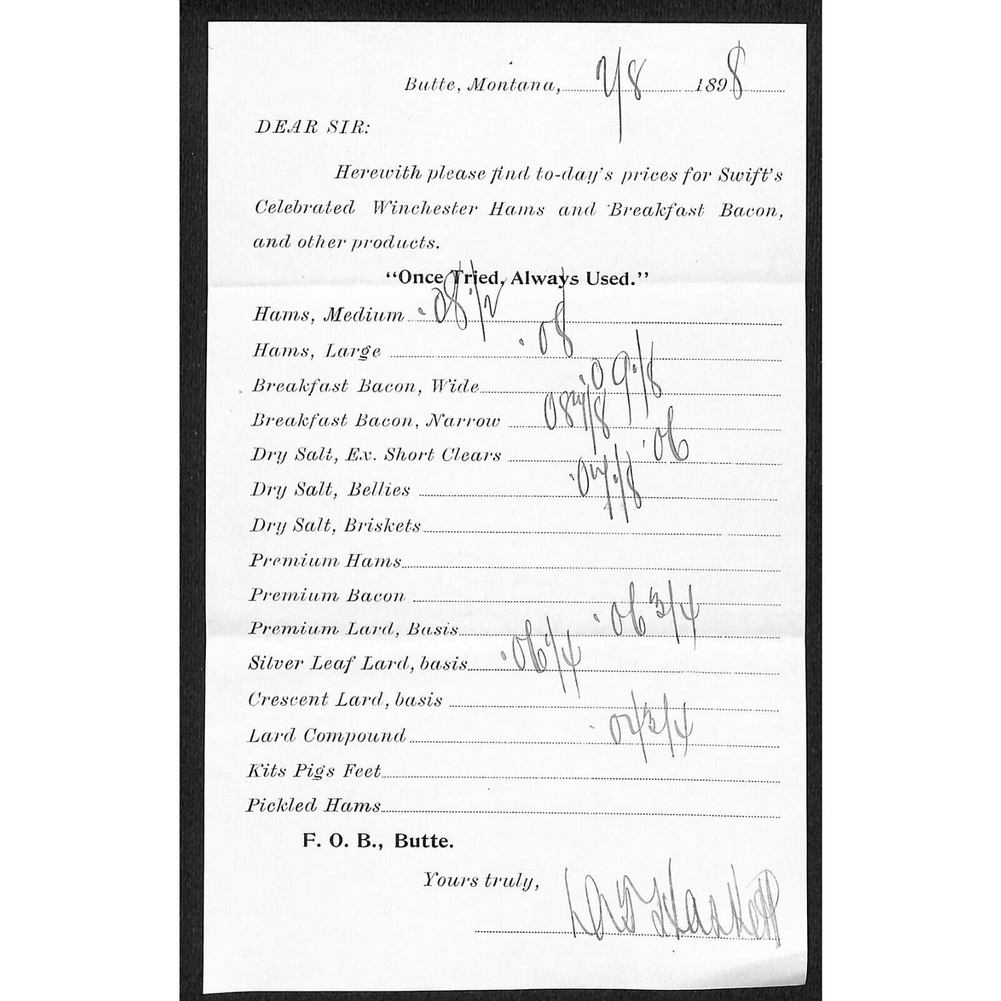 Butte, MT Swift's Celebrated Winchester Hams 1898 Write-in Price Sheet VGC