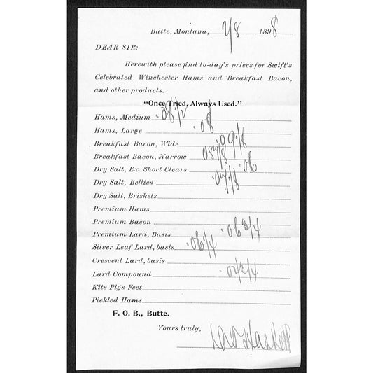 Butte, MT Swift's Celebrated Winchester Hams 1898 Write-in Price Sheet VGC
