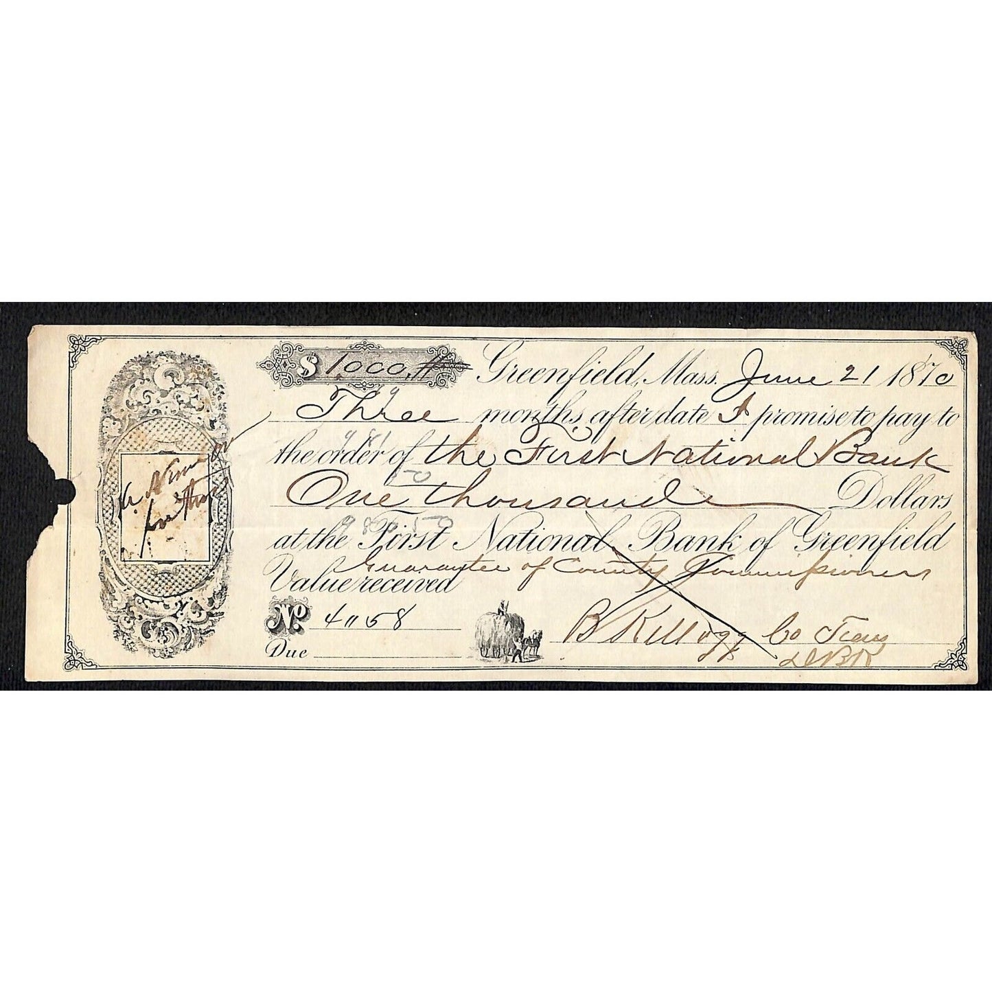 1870 First National Bank of Greenfield, MA $1,000 Promissory Note