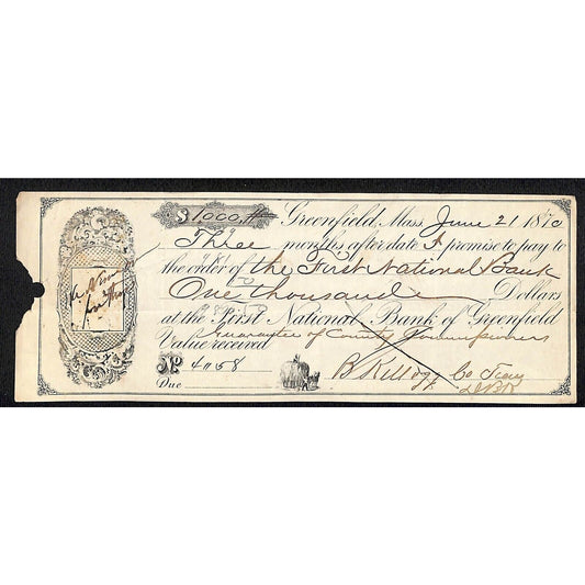 1870 First National Bank of Greenfield, MA $1,000 Promissory Note