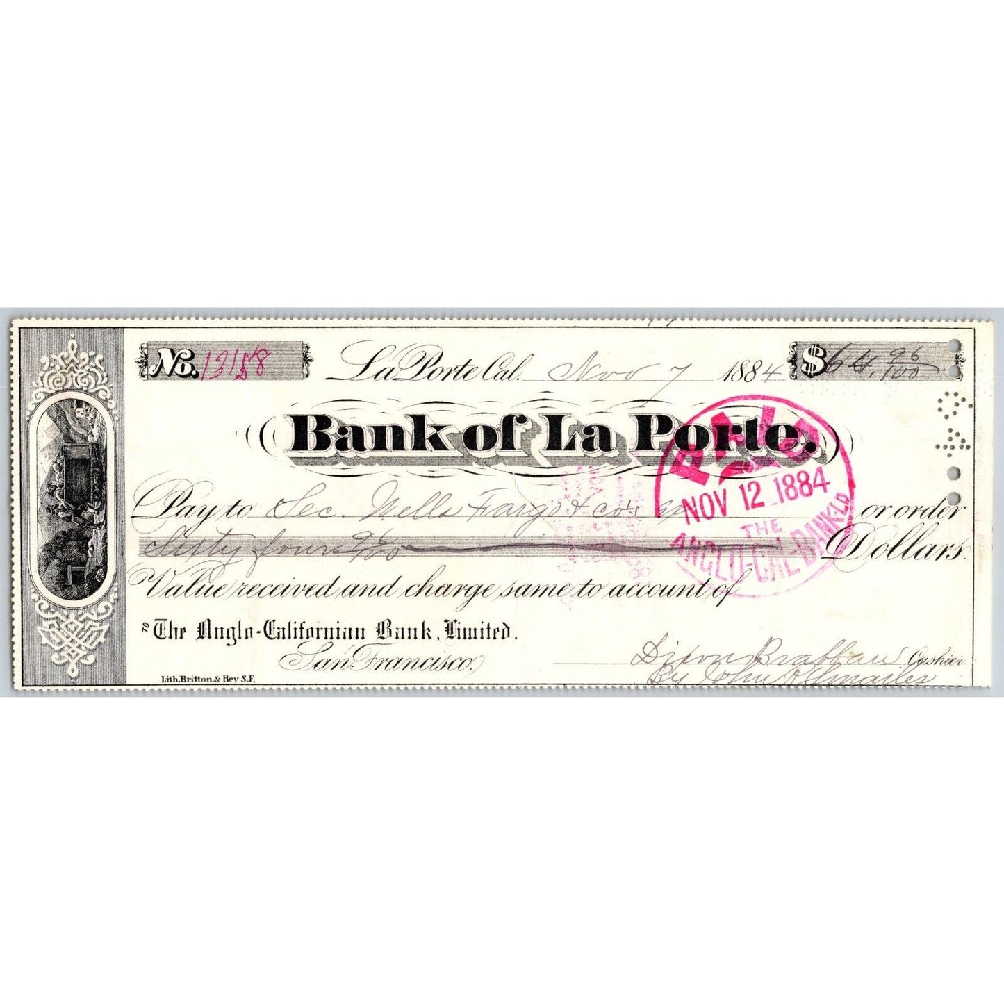 Bank of La Porte Check Wells Fargo 1884 Mining Vignette #13158