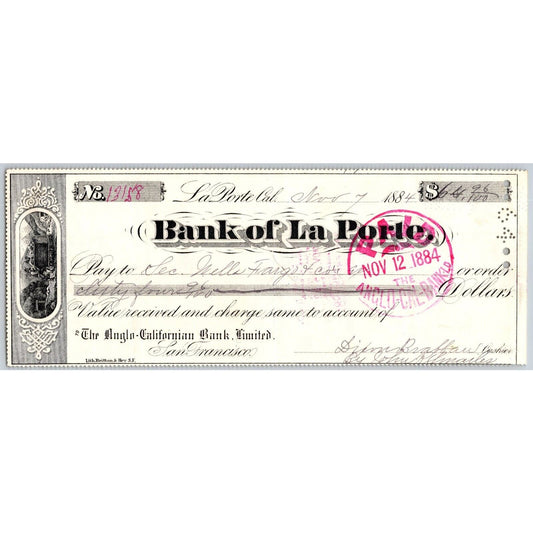Bank of La Porte Check Wells Fargo 1884 Mining Vignette #13158