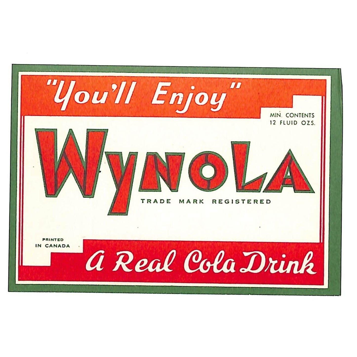 Wynola Cola Drink Soda Beverage Label Winnipeg c1945 VGC