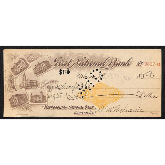 FNB Urbana, IL $8 1901 Bank Check Revenue Stamp w/ University Bldg. Vignettes