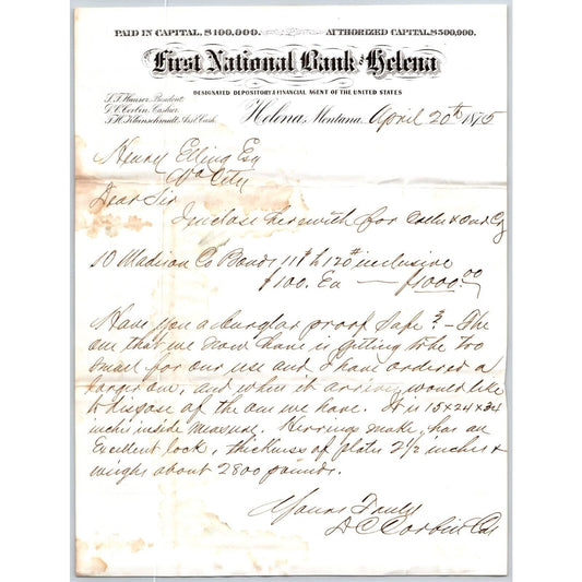 First National Bank of Helena, MT 1875 ALS Letterhead to Henry Elling*